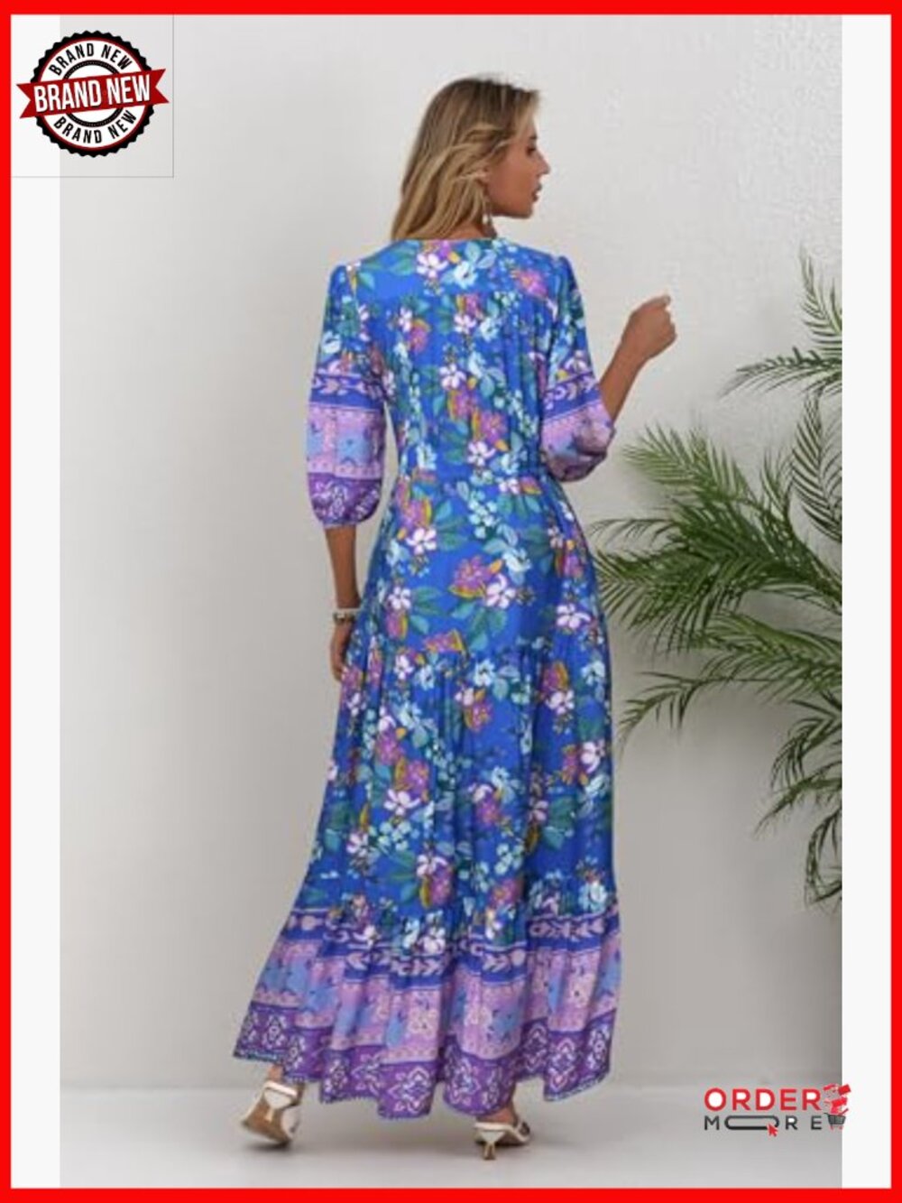 V Neck Floral Print Maxi Dress Bohemian Casual Short Sleeve - Picture 5 of 7